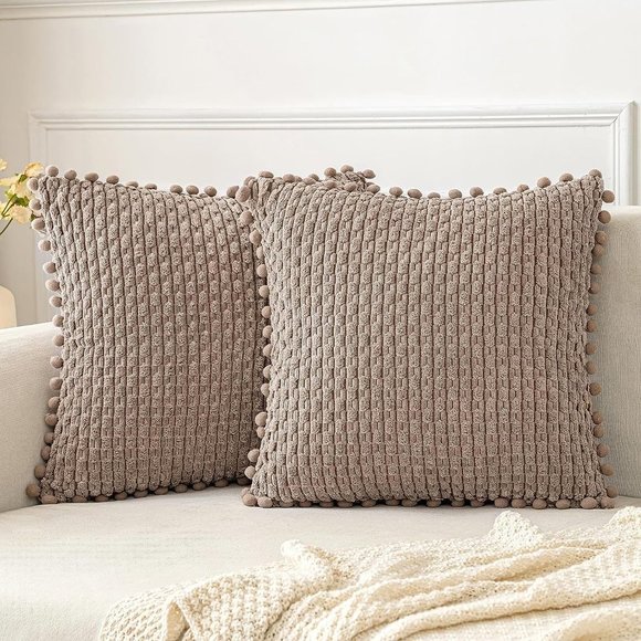 Pompom Tan Stripe Texture Corduroy Farmhouse Cute Luxury Soft Pillow Cover Set - Picture 1 of 7
